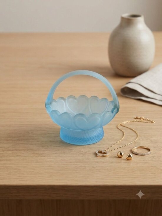 Unmarked Other - Vintage Frosted Blue Satin Glass Mini Basket Embossed Hearts Candy Dish Trinket